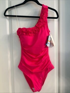 Kenneth Cole One Piece Ruffled Ruched Hot Pink One Shoulder Swimsuit NWT